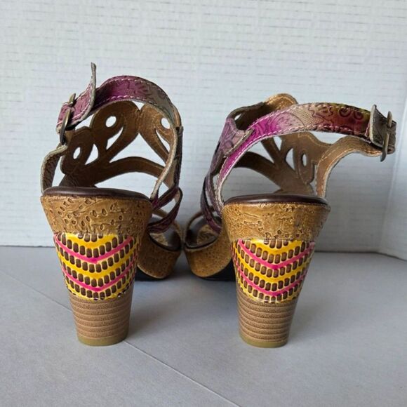 SOCOFY Leather Boho Platform Sandals Pink Floral Tooled Heels Sz 6/36 Artsy Chic - Picture 5 of 8